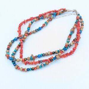 Carolyn Pollack Relios 925 Coral and Mixed Stone Triple Strand Necklace